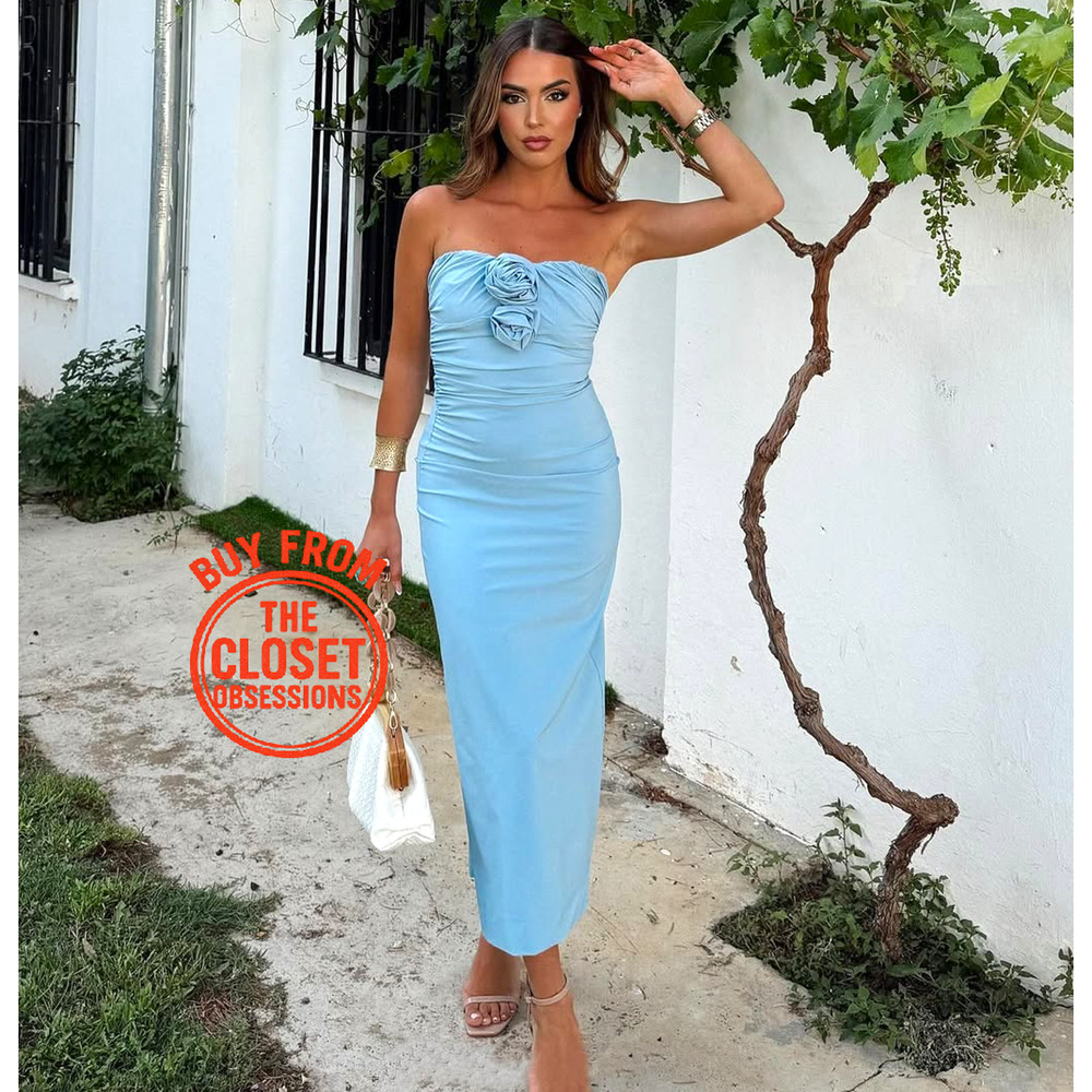 Zara NWT Sky Blue Rosette Strapless Midi Dress S XL - Picture 13 of 16